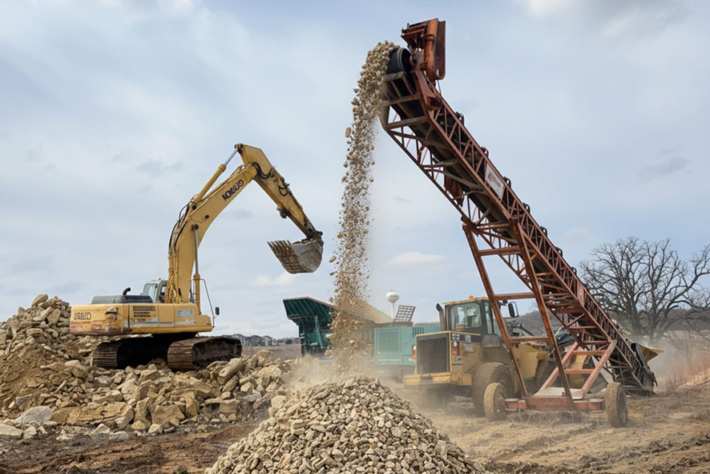 Excavator loading rocks into a conveyor system at a construction site