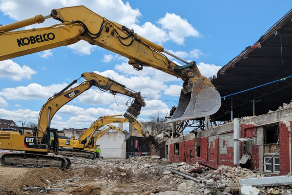 Multiple excavators demolishing a building