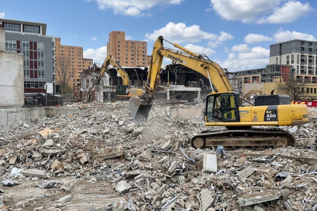 Excavator demolishing a building and clearing rubble at an urban construction site
